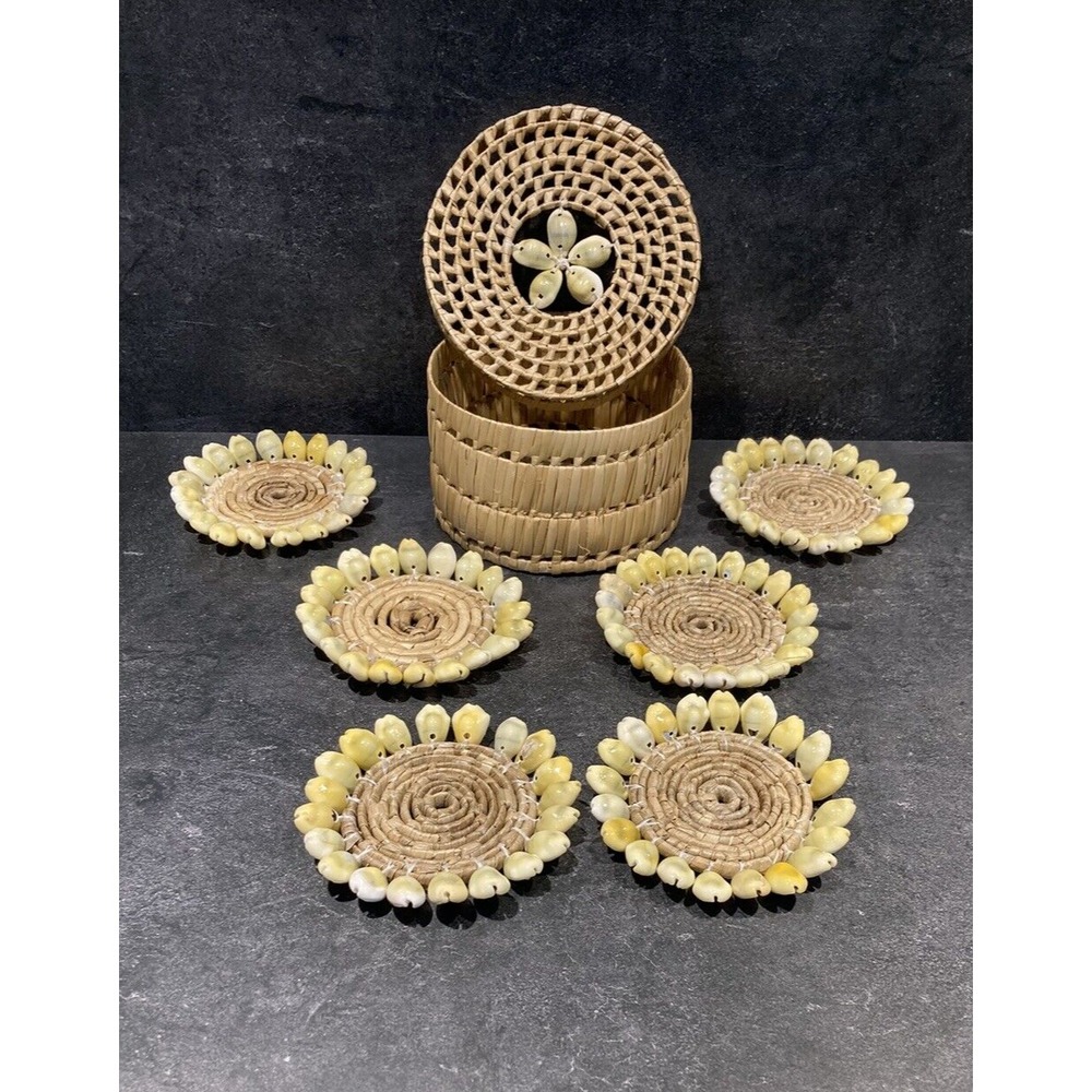 Coasters Seashells Woven Grass Basket W/lid Boho Coastal Beach Tiki Bar Set of 6
